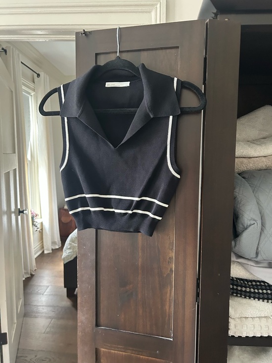 OAK + FORT Tops - OAK + FORT Black Sleeveless Polo Crop Top with White Trim Accents